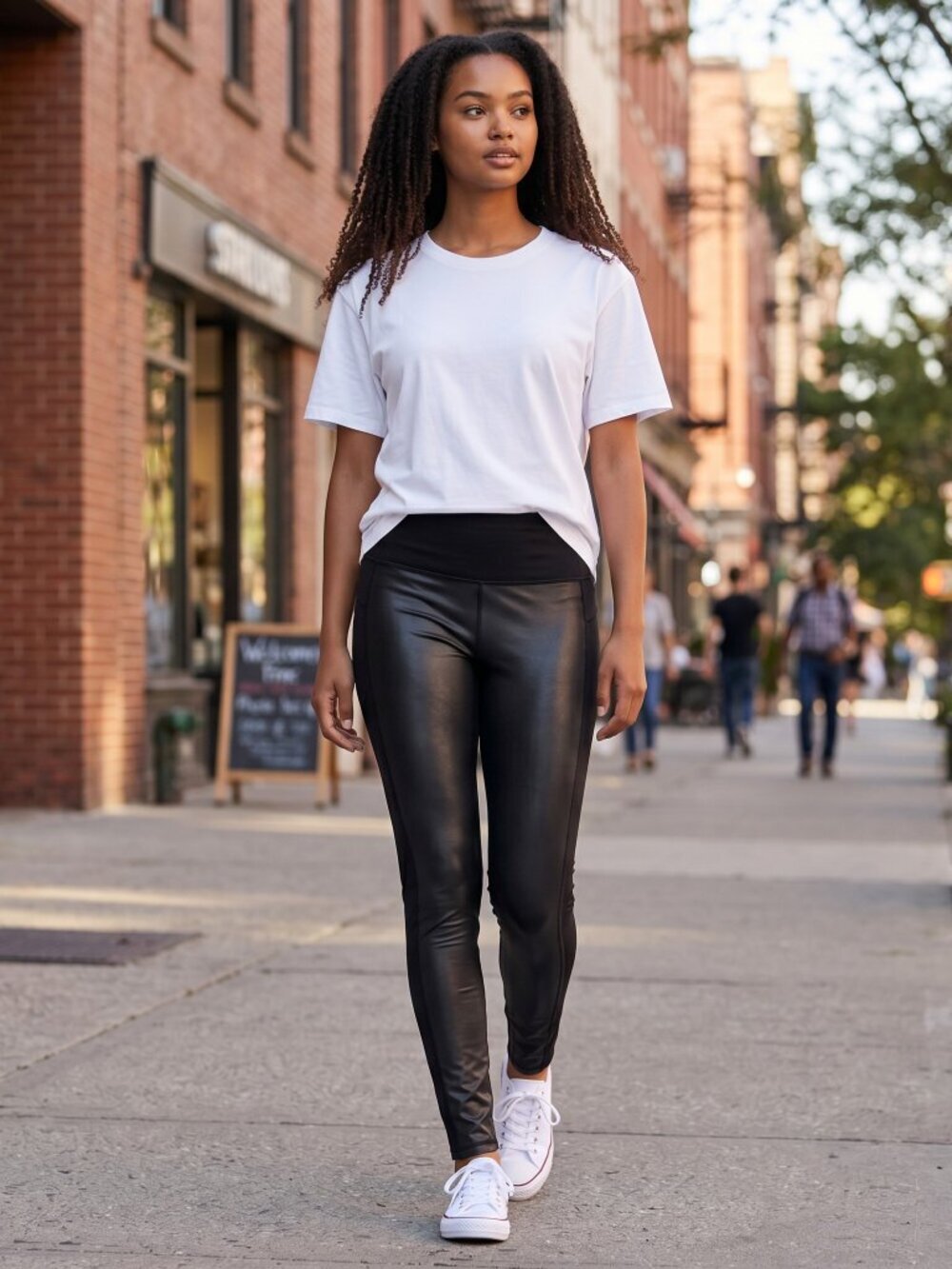 Athleta High Rise Gleam Faux Leather Front Yoga Pants Black Size XS Mid Rise